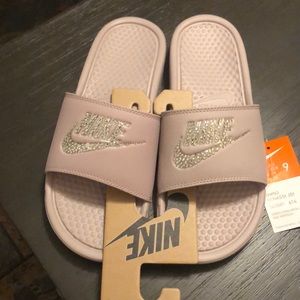 Particle rose/Metallic silver Bling Nike sandals!!